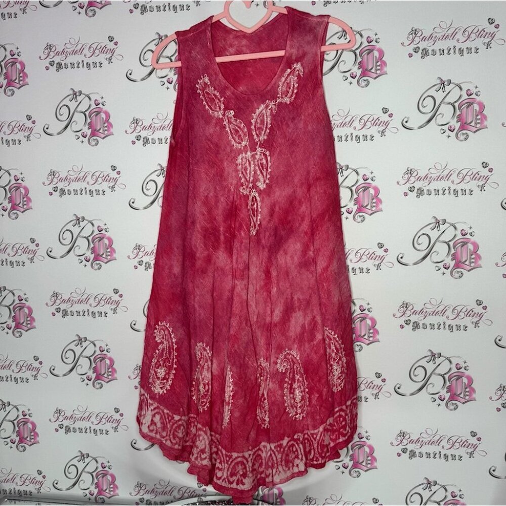 Dress tie dye hippie embroidered paisley red pink white black boho lightweight
